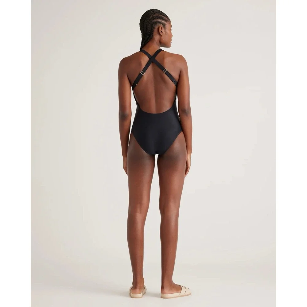 NWT Quince Black Italian Cross-Back One-Piece Swimsuit Size Medium